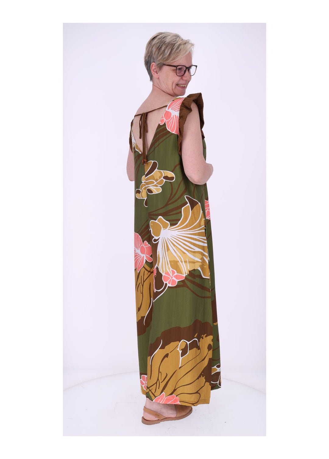 Jumpsuit Damen V-Ausschnitt AOP Blüten Rüschenarm