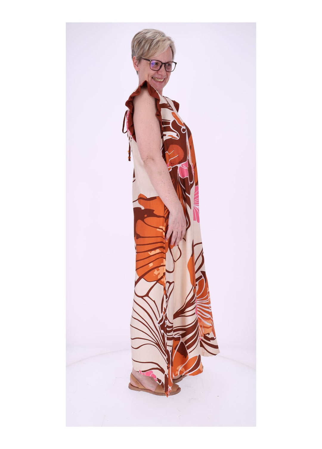 Jumpsuit Damen V-Ausschnitt AOP Blüten Rüschenarm