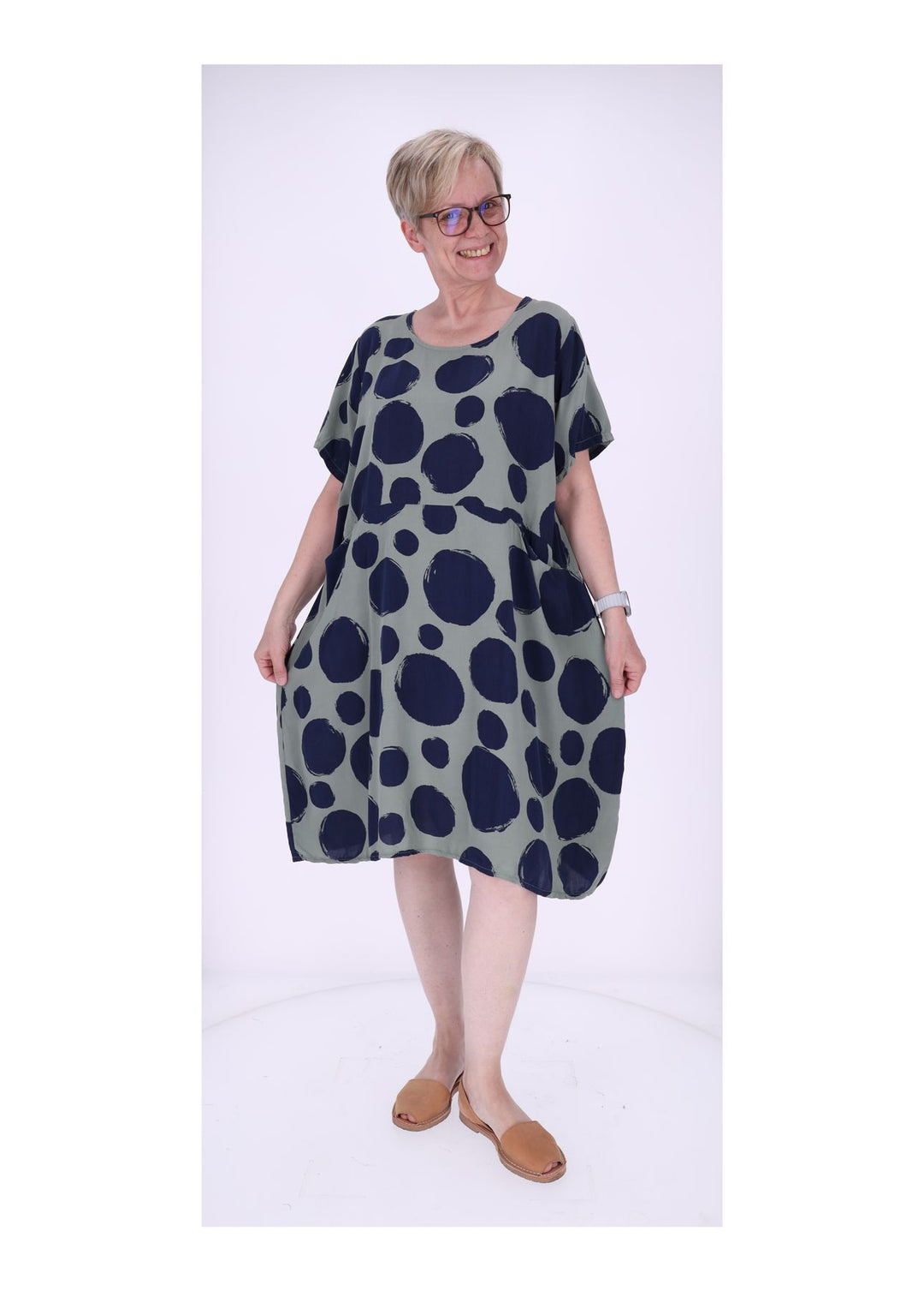 Kleid Damen 1/2 Arm Taschen AOP Punkte