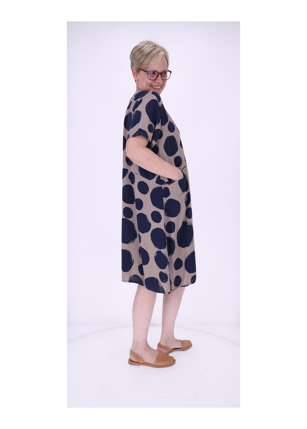 Kleid Damen 1/2 Arm Taschen AOP Punkte