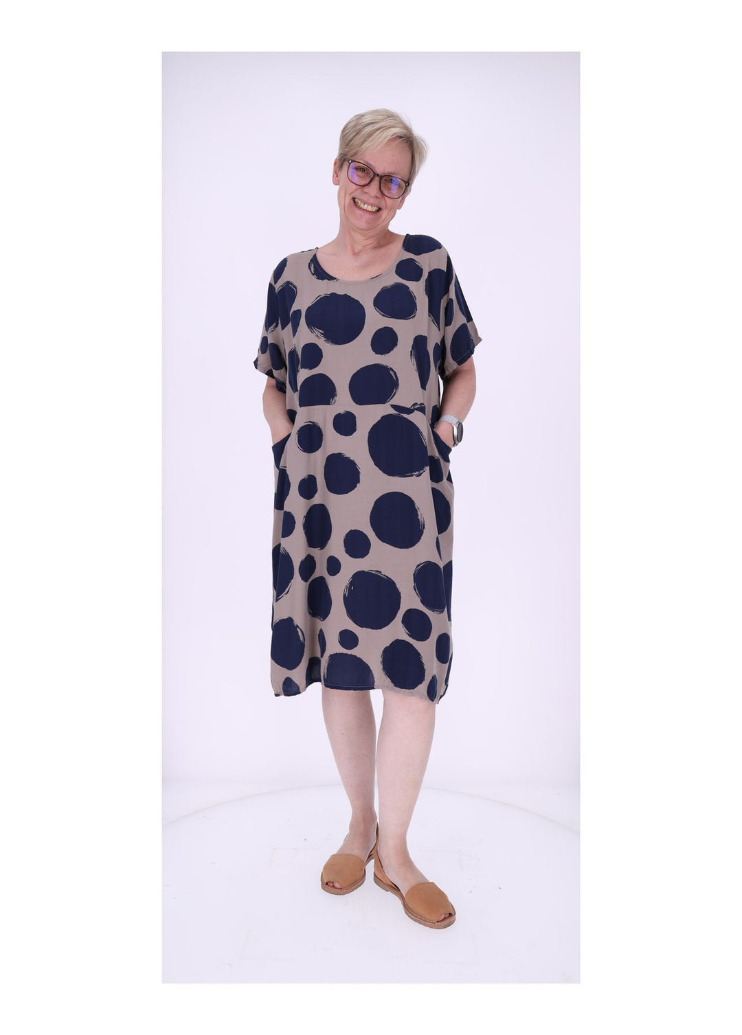 Kleid Damen 1/2 Arm Taschen AOP Punkte