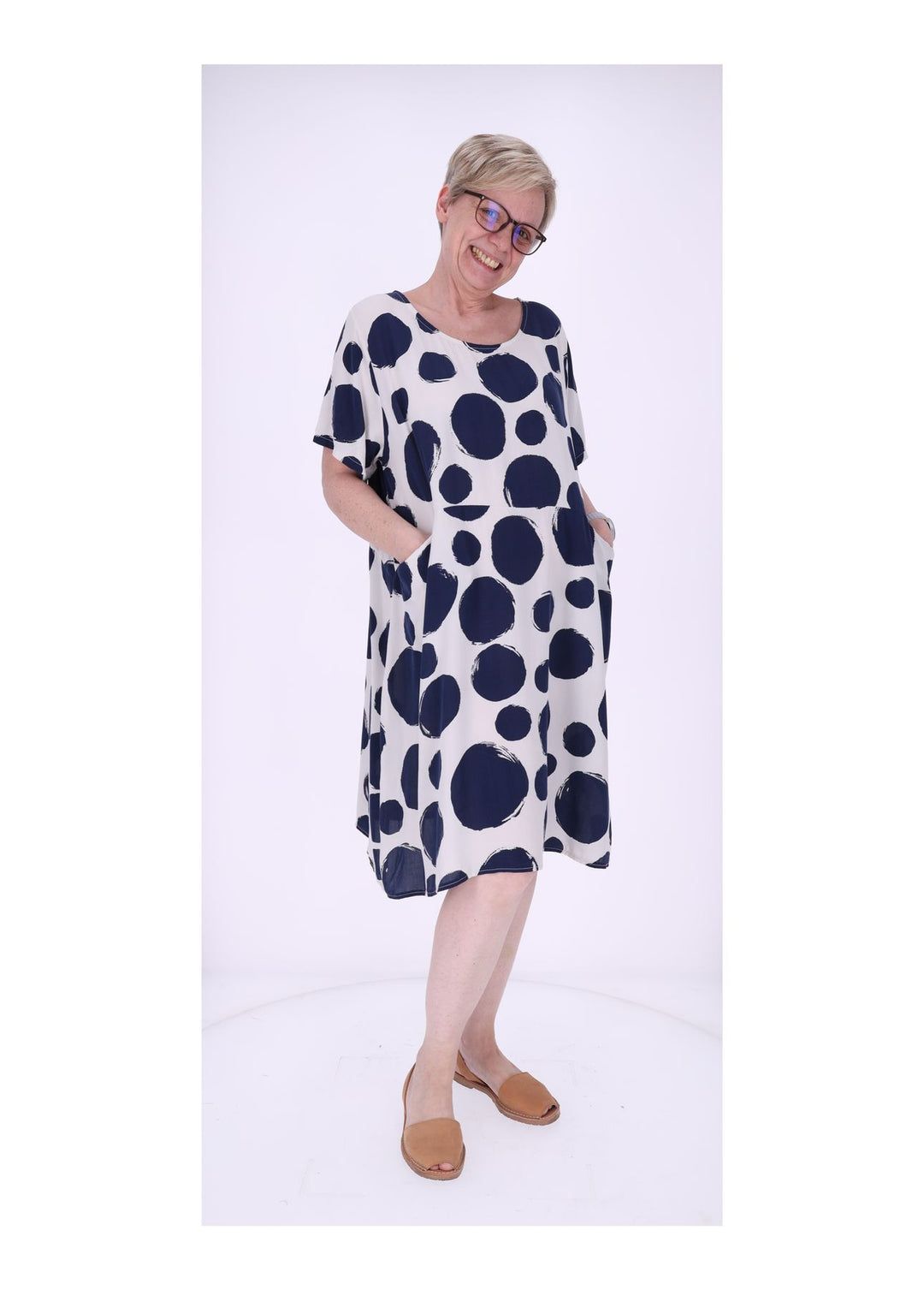 Kleid Damen 1/2 Arm Taschen AOP Punkte