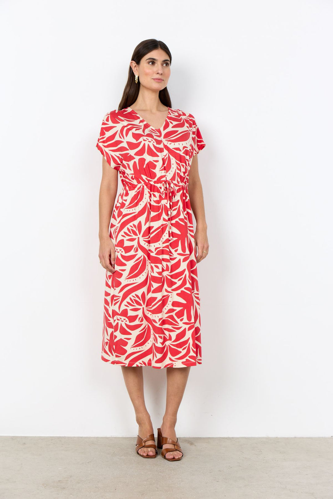 Kleid Damen Kordelzug Taillie Blätterdruck