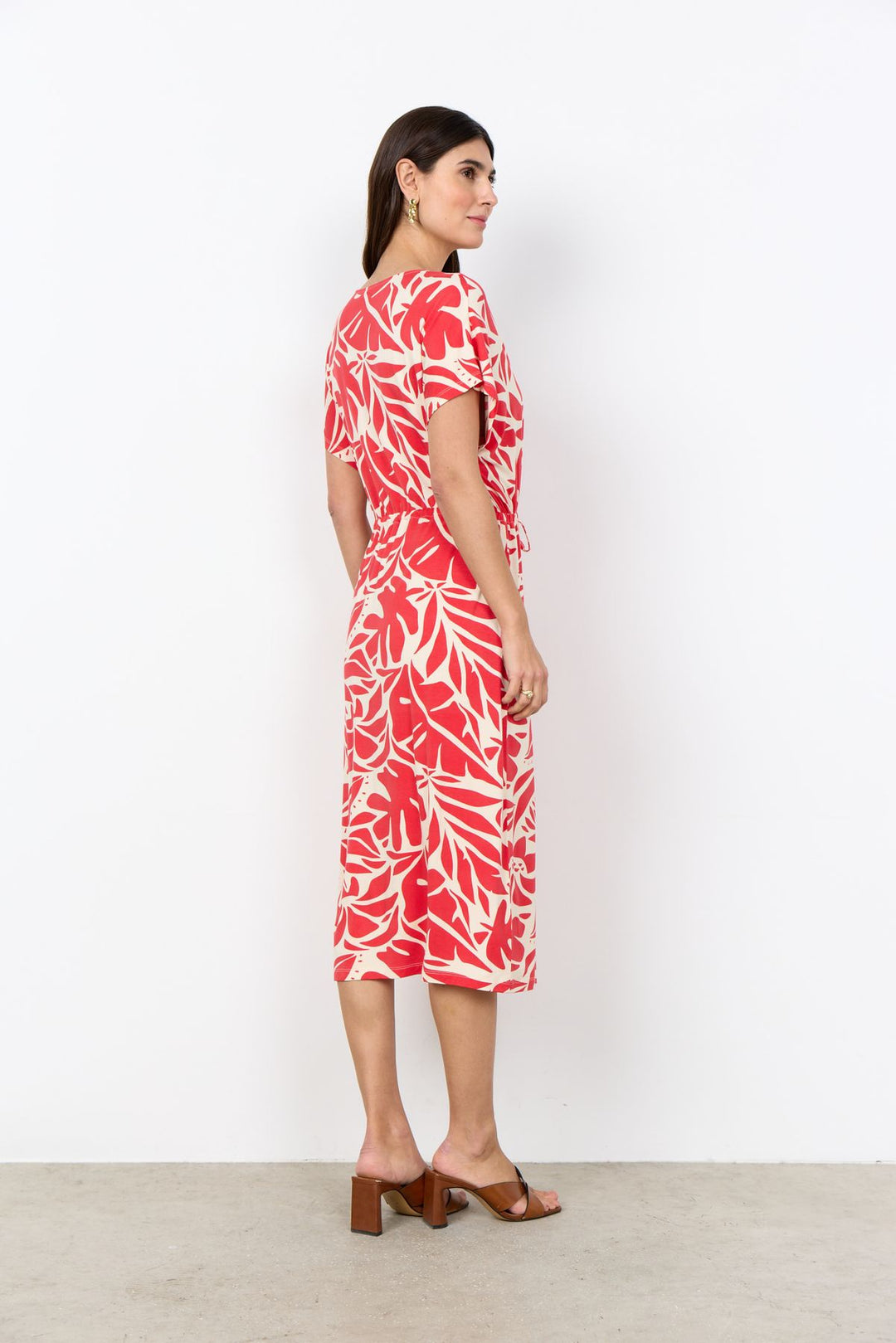 Kleid Damen Kordelzug Taillie Blätterdruck