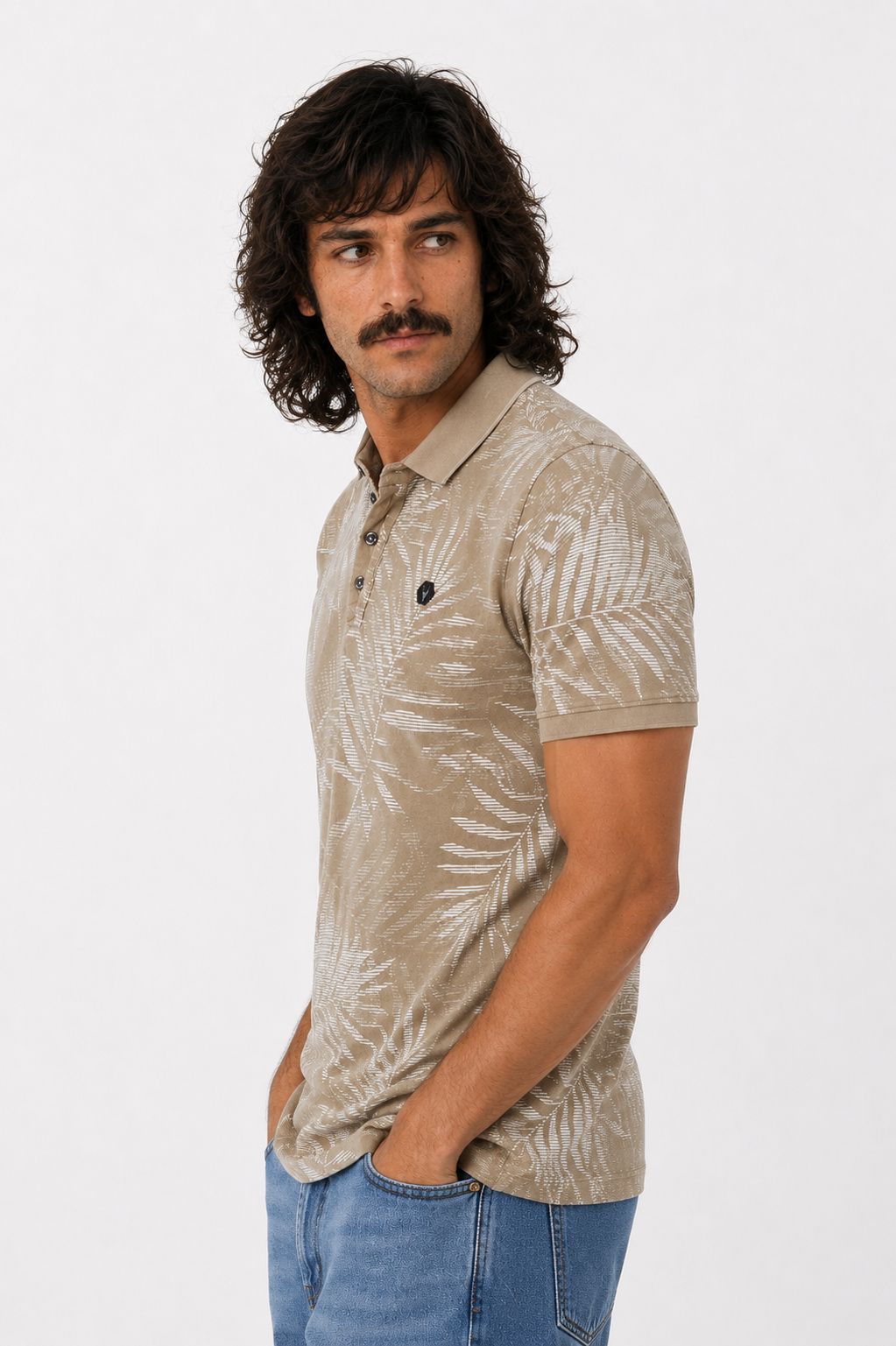 Piquée-Poloshirt Herren Palmenblatt Allover-Print