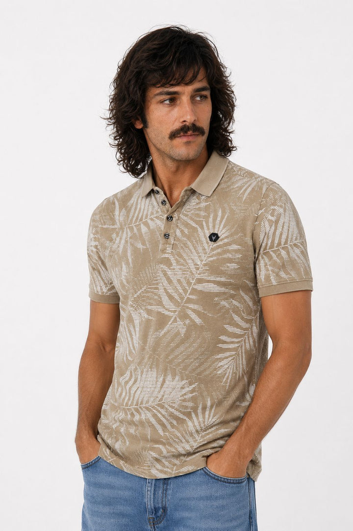 Piquée-Poloshirt Herren Palmenblatt Allover-Print