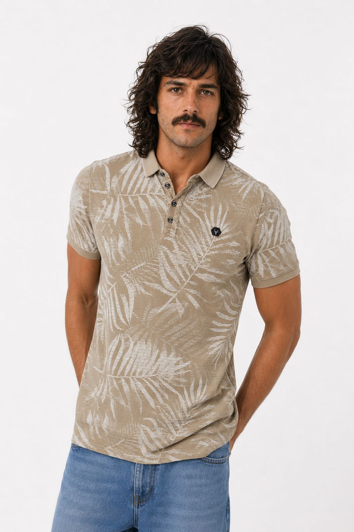 Piquée-Poloshirt Herren Palmenblatt Allover-Print