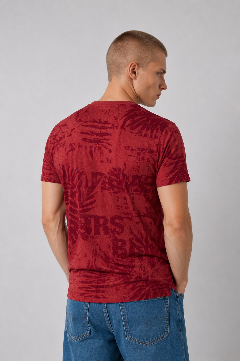 T-Shirt Herren tonaler Allover Print Palmen Blätter