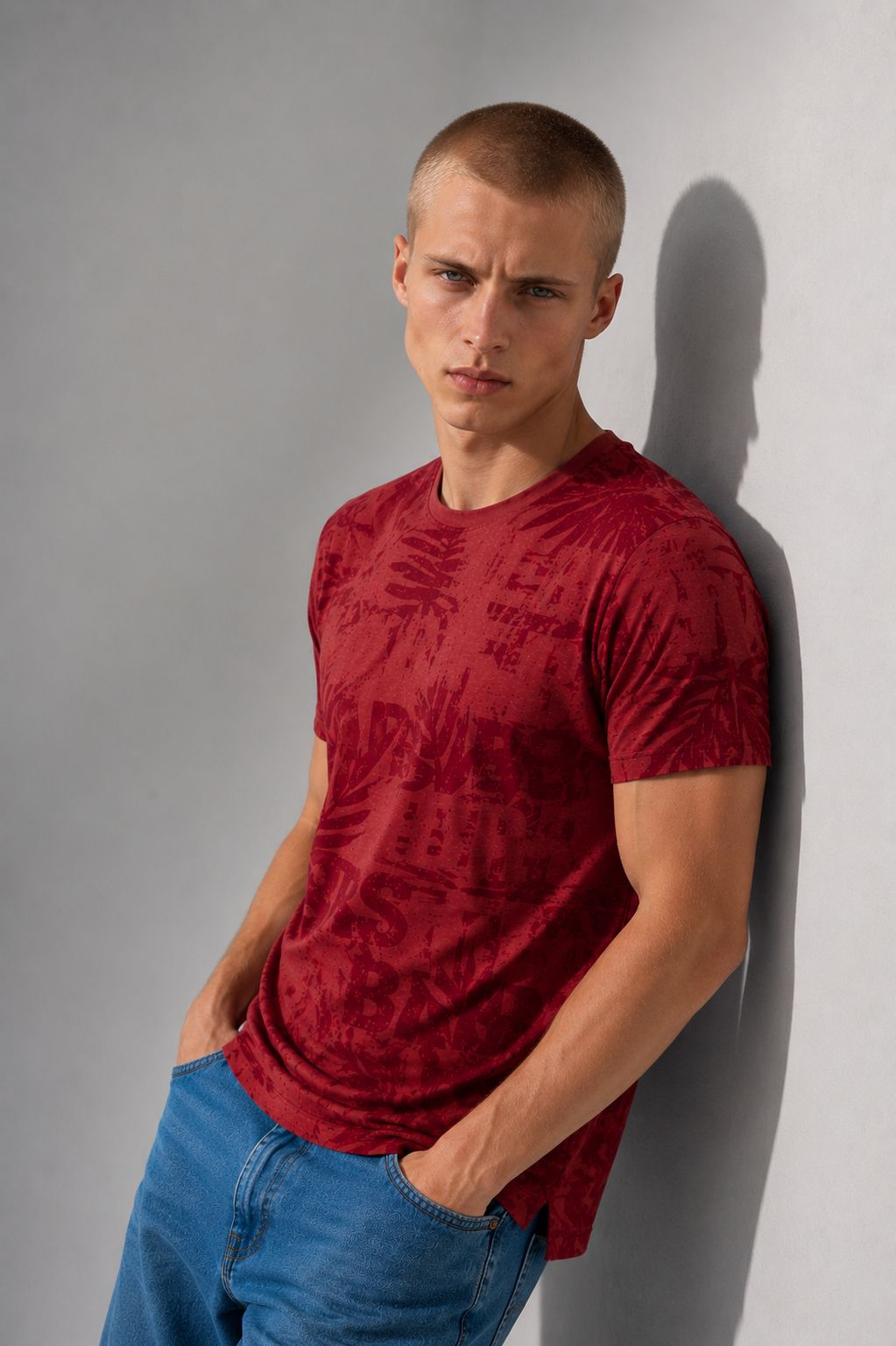T-Shirt Herren tonaler Allover Print Palmen Blätter