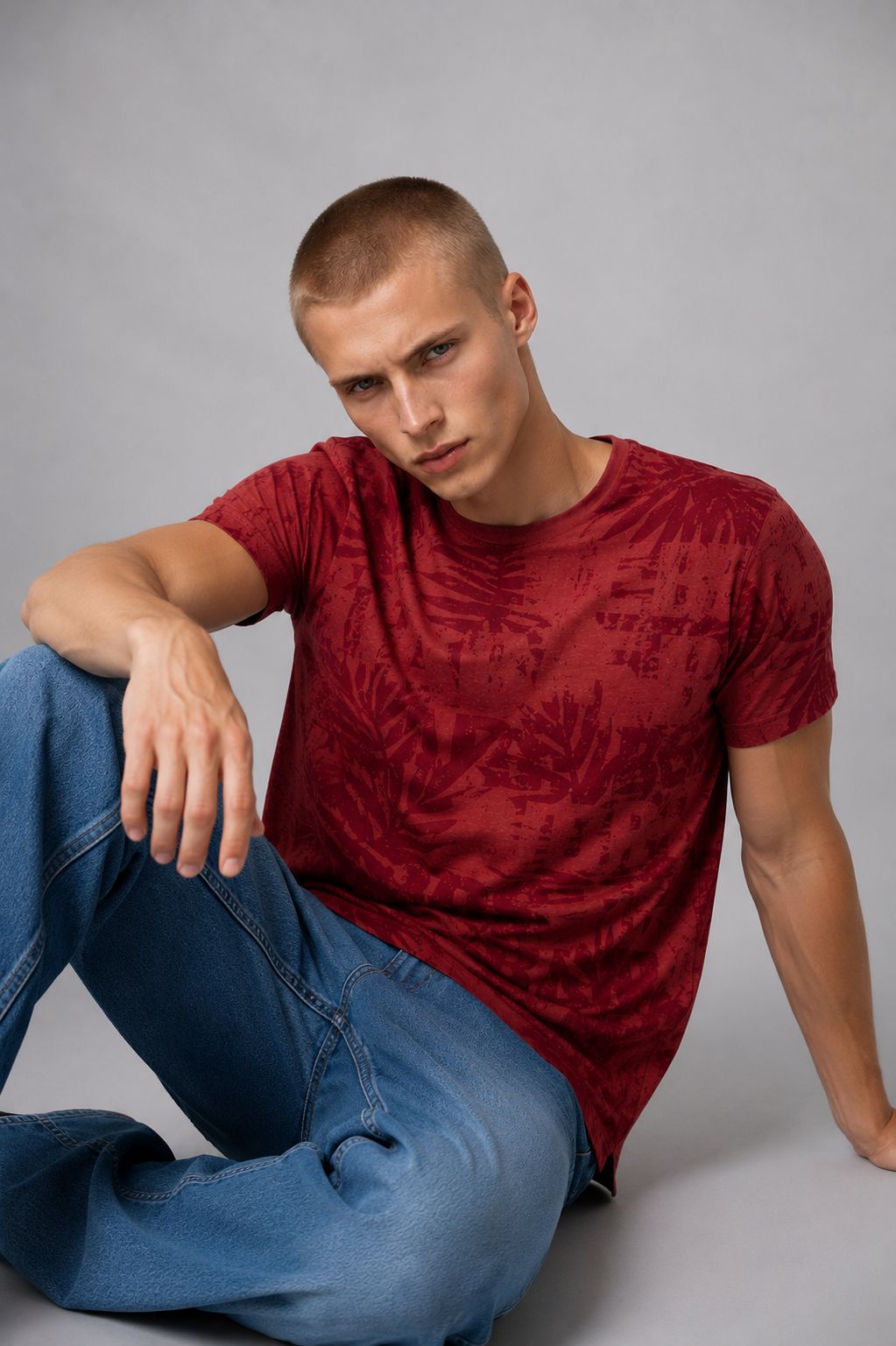 T-Shirt Herren tonaler Allover Print Palmen Blätter