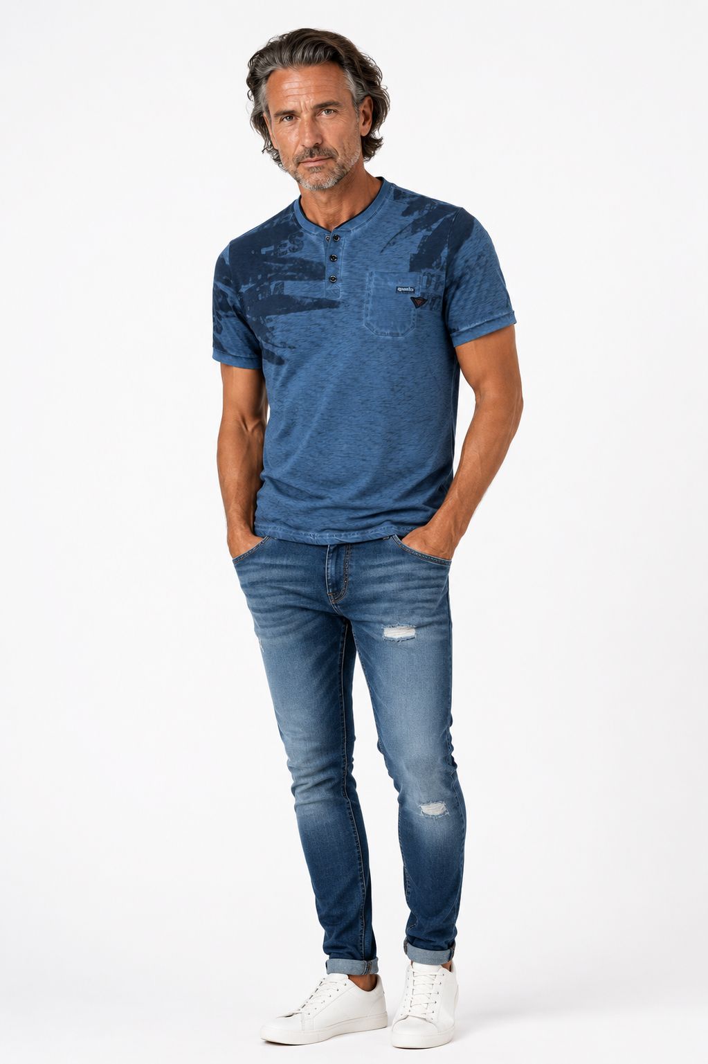 T-Shirt Herren Henley-Kragen abstrakter Palmendruck