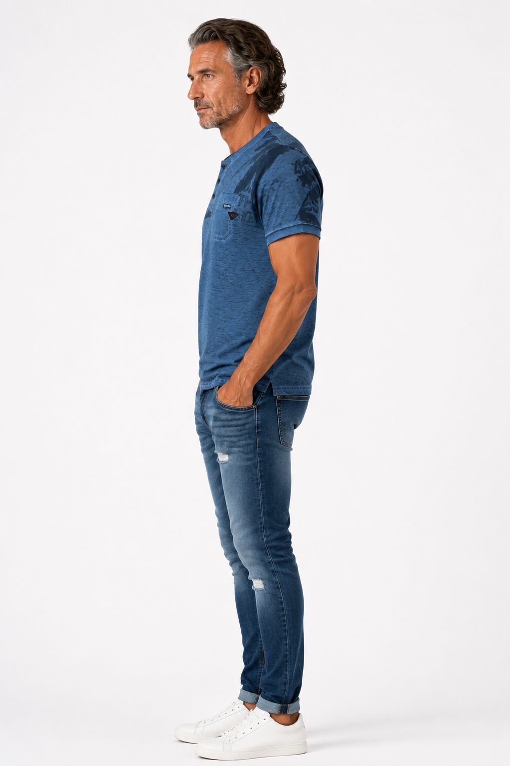T-Shirt Herren Henley-Kragen abstrakter Palmendruck