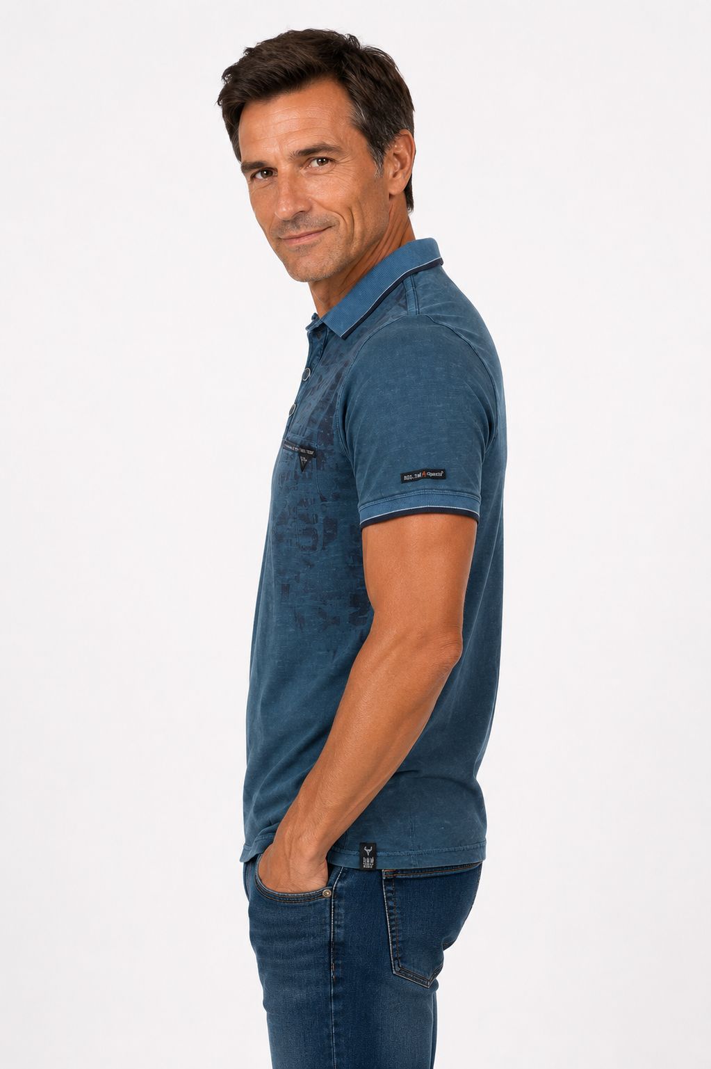 Poloshirt Herren Used-Look Lettering-Stickerei