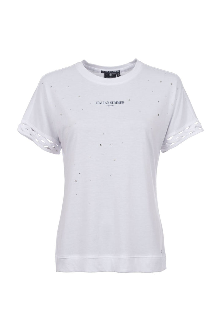 T-Shirt Damen Glitzersteine Flechtdetails Lettering-Print