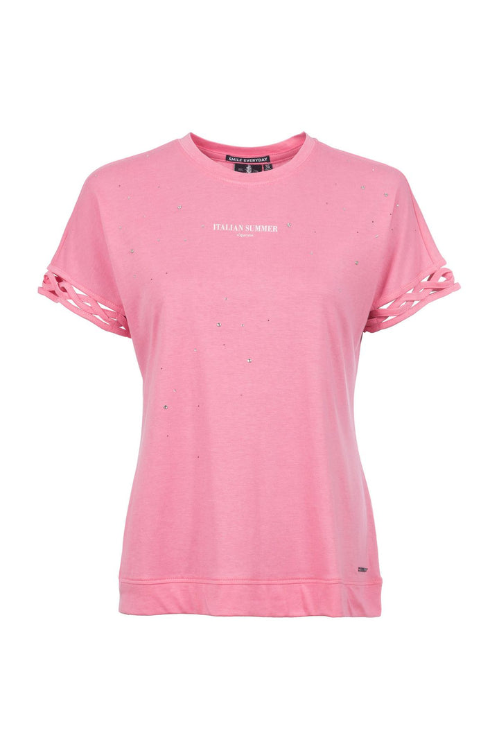 T-Shirt Damen Glitzersteine Flechtdetails Lettering-Print