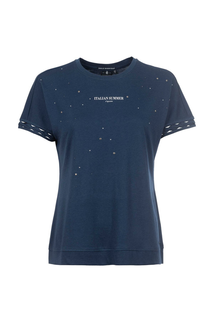 T-Shirt Damen Glitzersteine Flechtdetails Lettering-Print