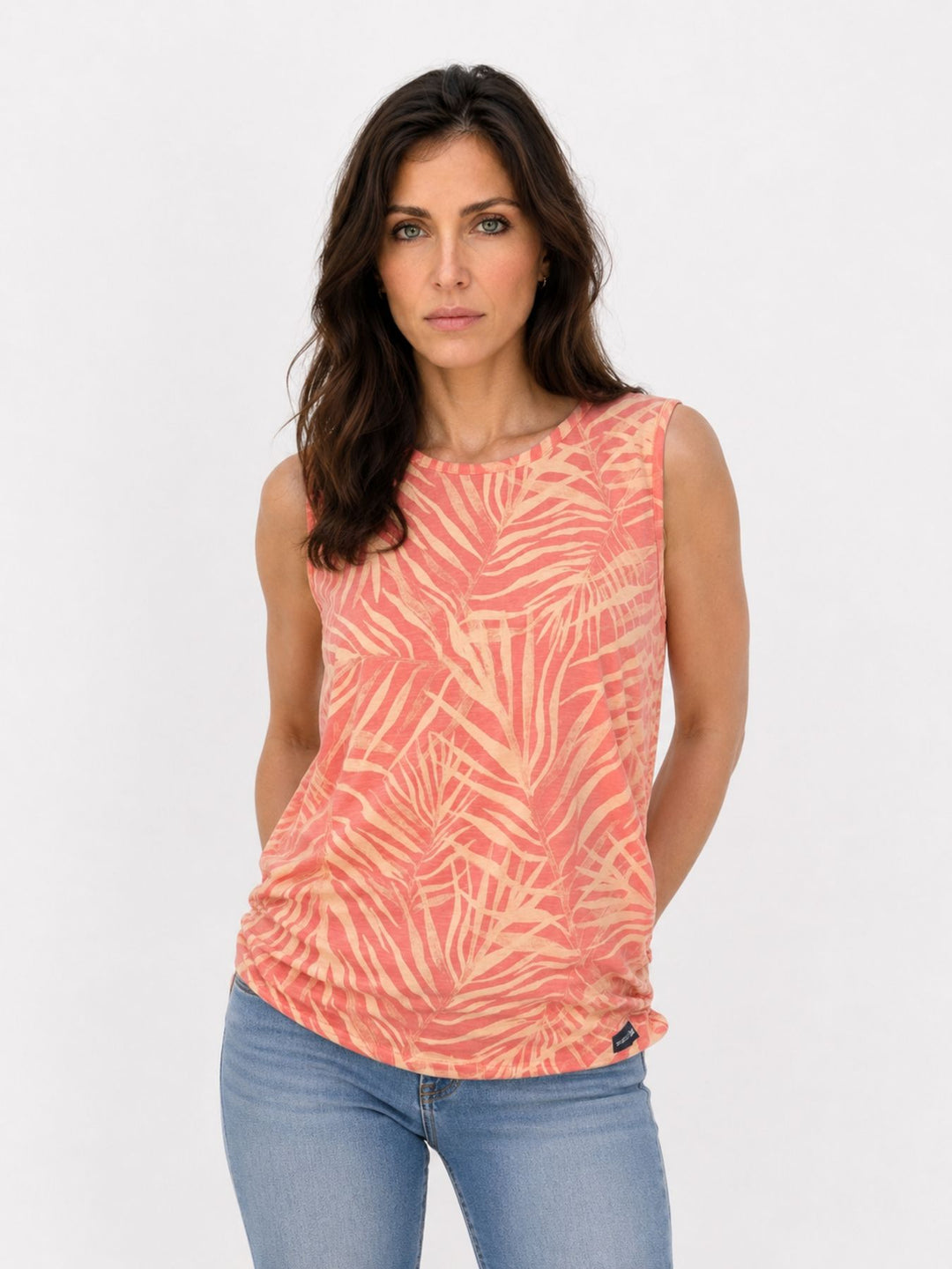 Top Damen Alloverprint Palmen Cut-Out am Rücken