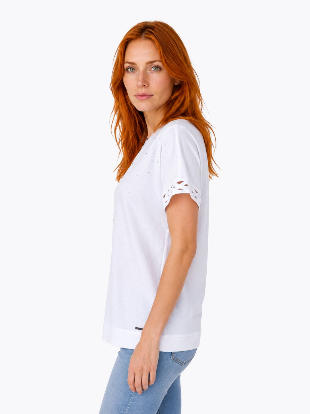 T-Shirt Damen Glitzersteine Flechtdetails Lettering-Print