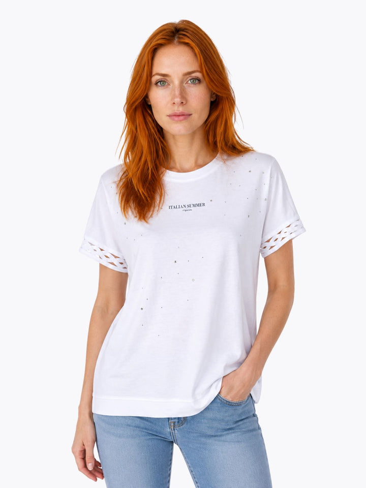 T-Shirt Damen Glitzersteine Flechtdetails Lettering-Print