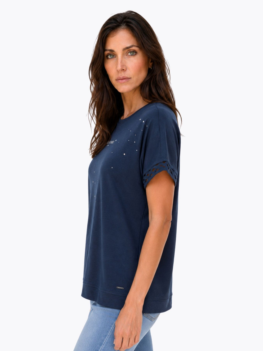 T-Shirt Damen Glitzersteine Flechtdetails Lettering-Print