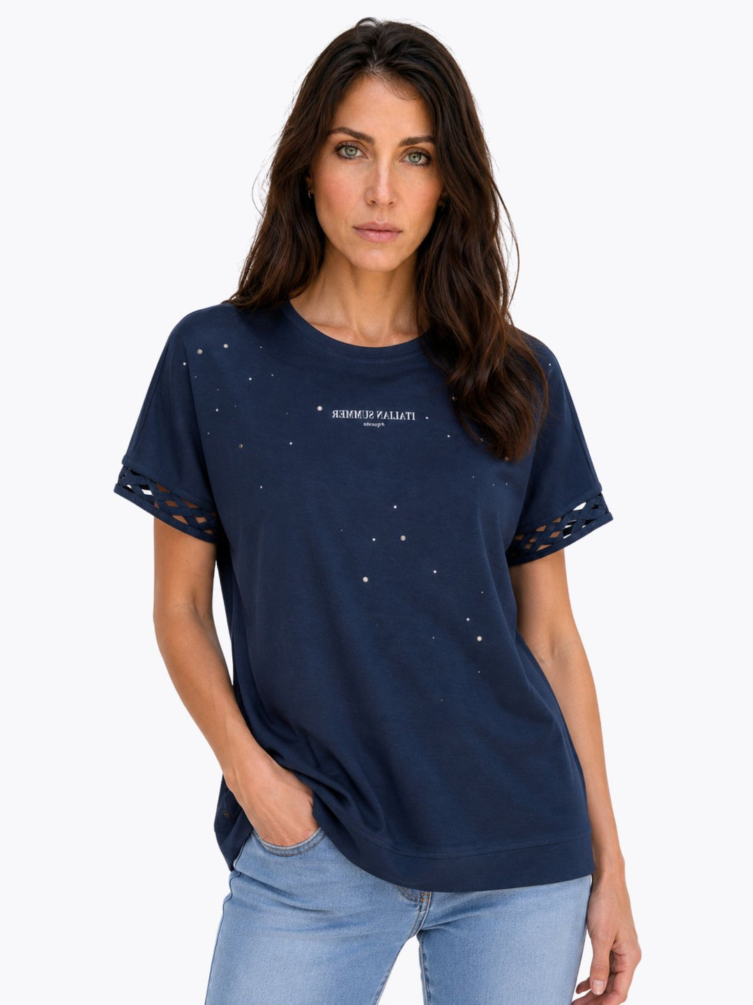 T-Shirt Damen Glitzersteine Flechtdetails Lettering-Print