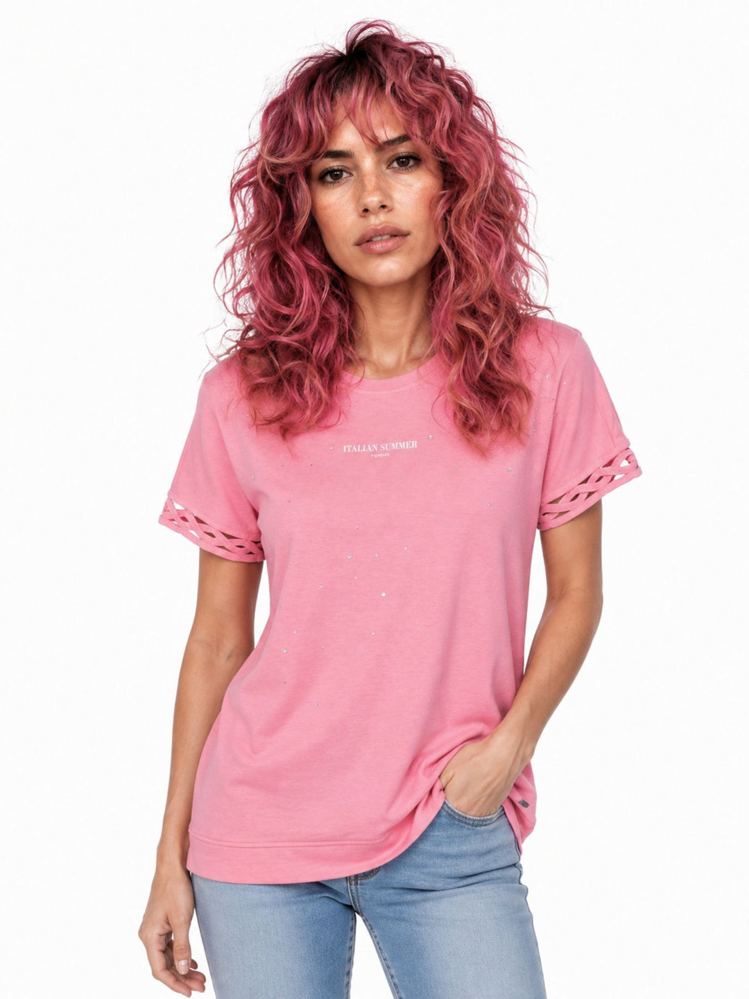 T-Shirt Damen Glitzersteine Flechtdetails Lettering-Print
