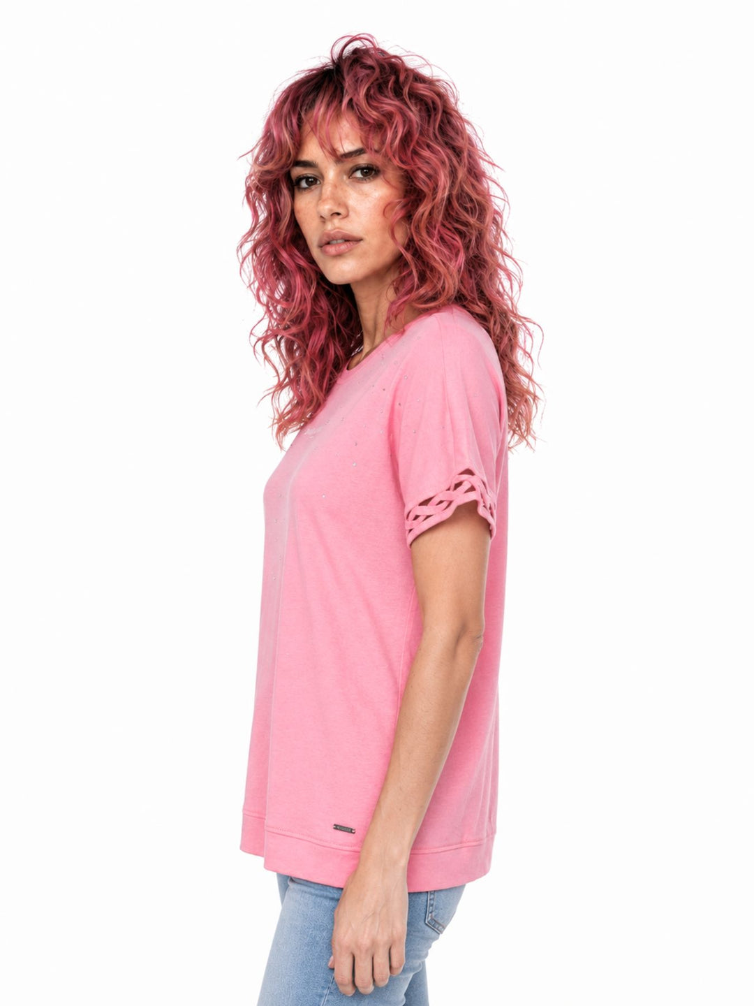 T-Shirt Damen Glitzersteine Flechtdetails Lettering-Print