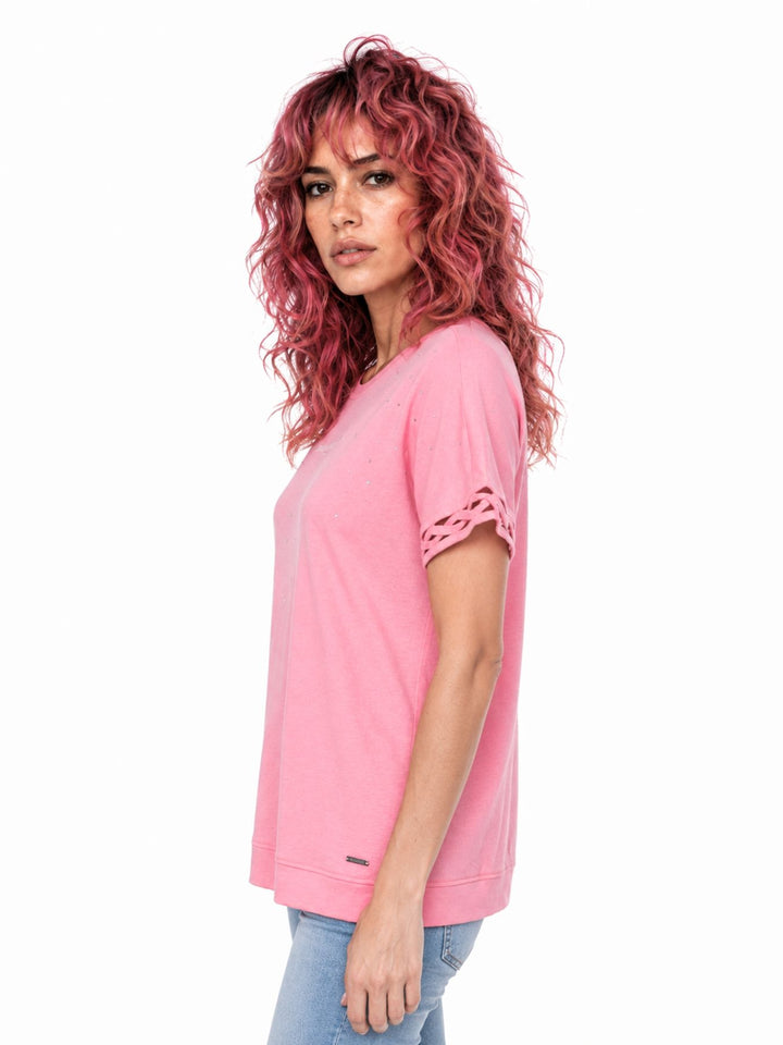 T-Shirt Damen Glitzersteine Flechtdetails Lettering-Print