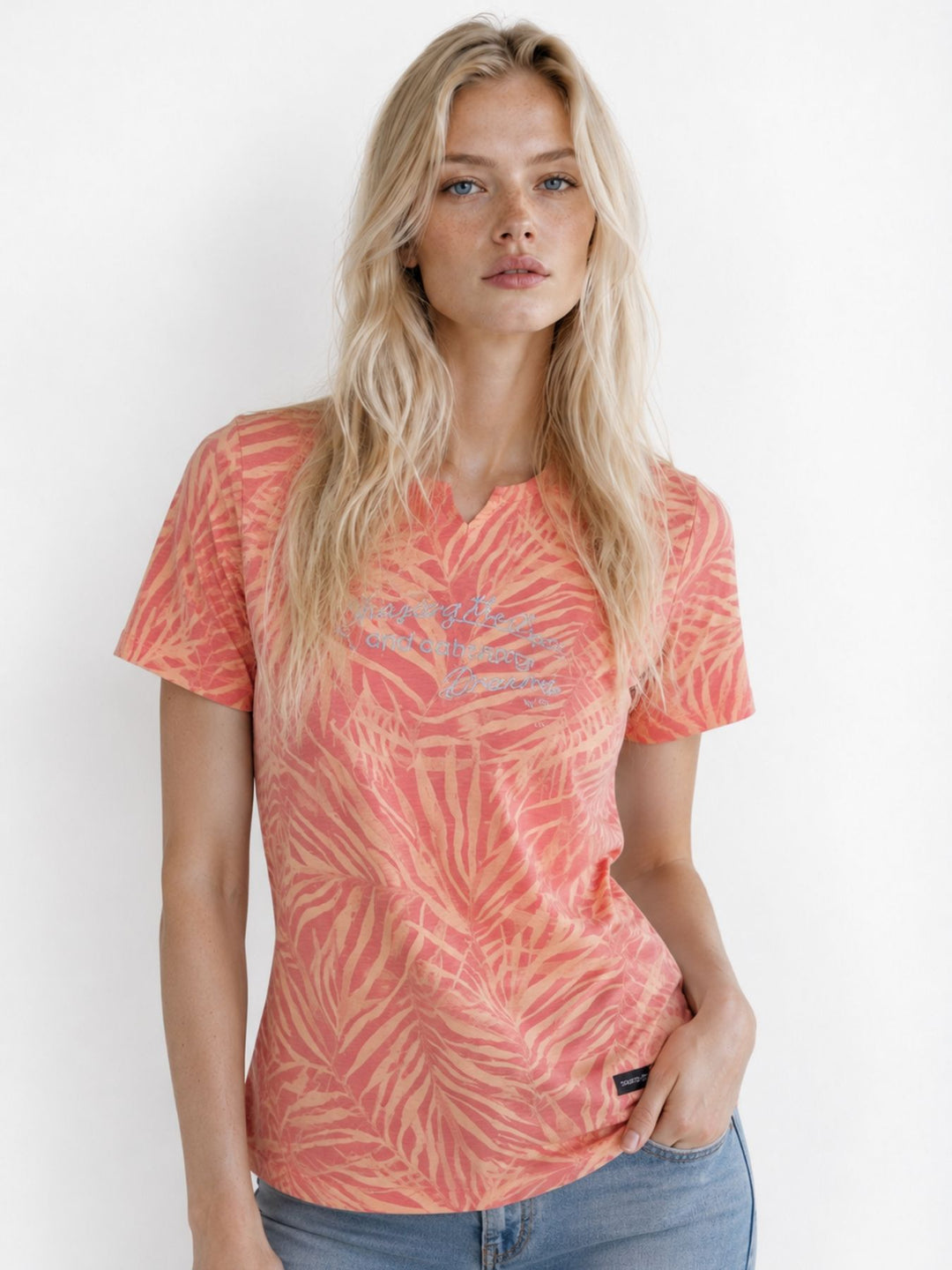T-Shirt Damen Comfort-Sleeve Allover-Palmen-Print