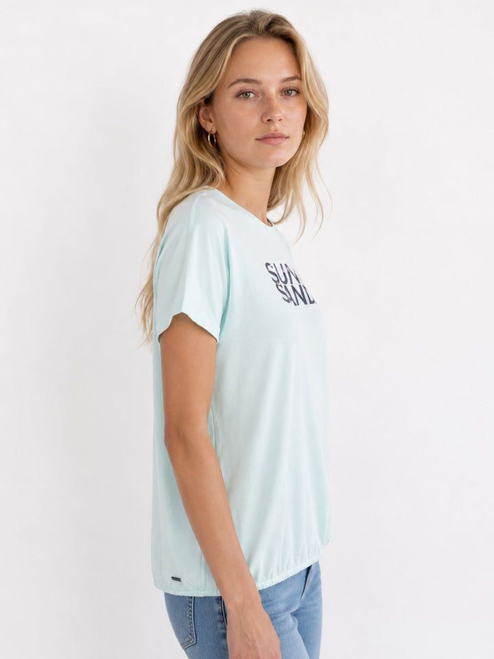 T-Shirt Damen Gummibund Frontdruck und Pailletten