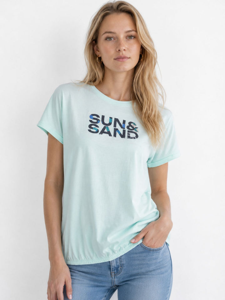 T-Shirt Damen Gummibund Frontdruck und Pailletten