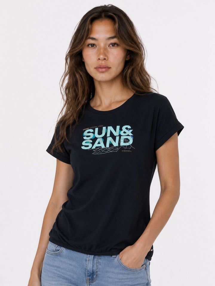 T-Shirt Damen Gummibund Frontdruck und Pailletten
