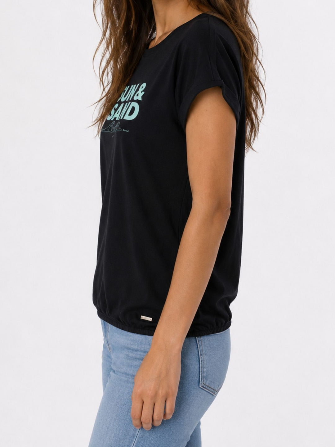 T-Shirt Damen Gummibund Frontdruck und Pailletten