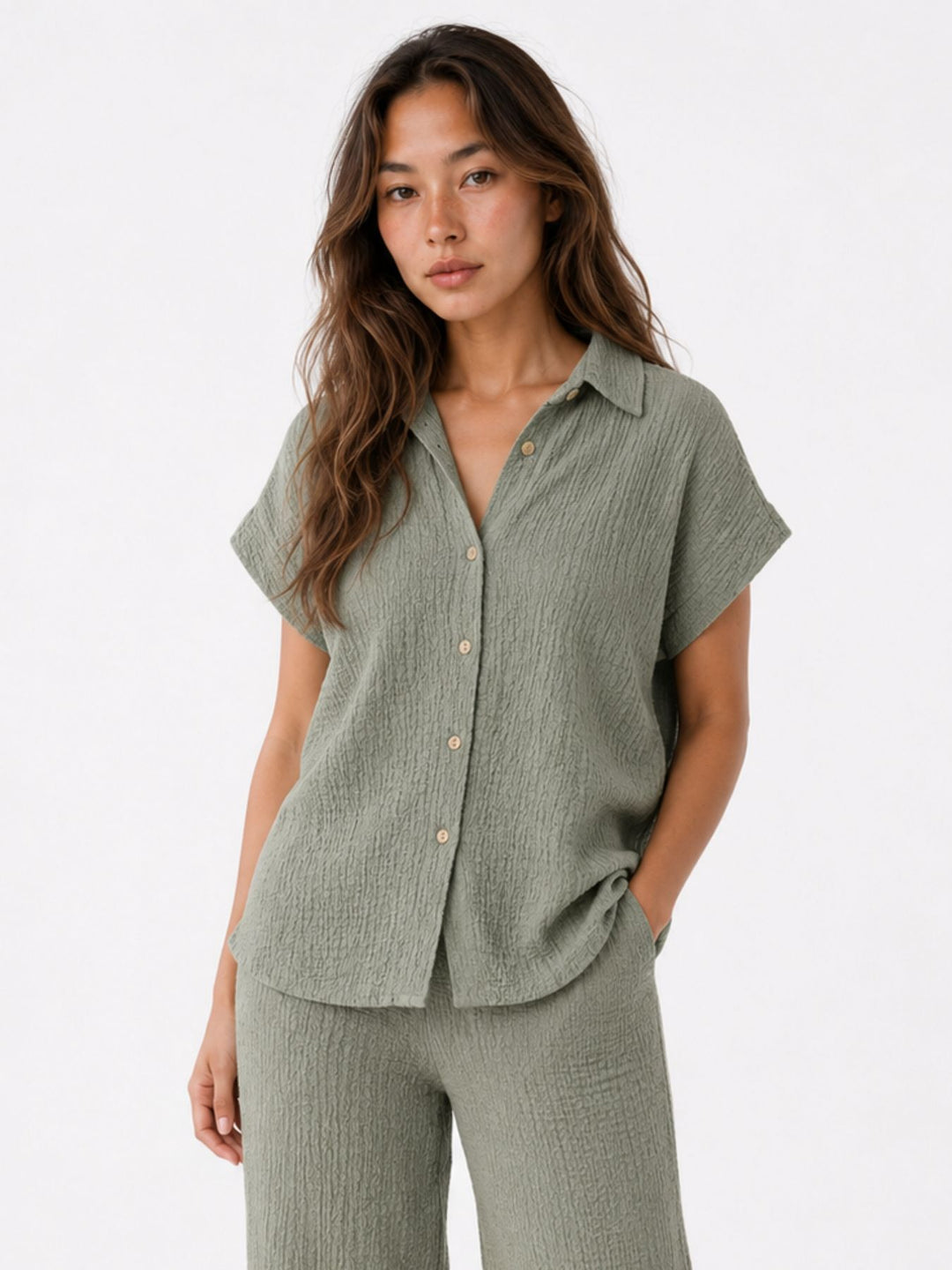 Bluse Damen Crinkle Knopfleiste