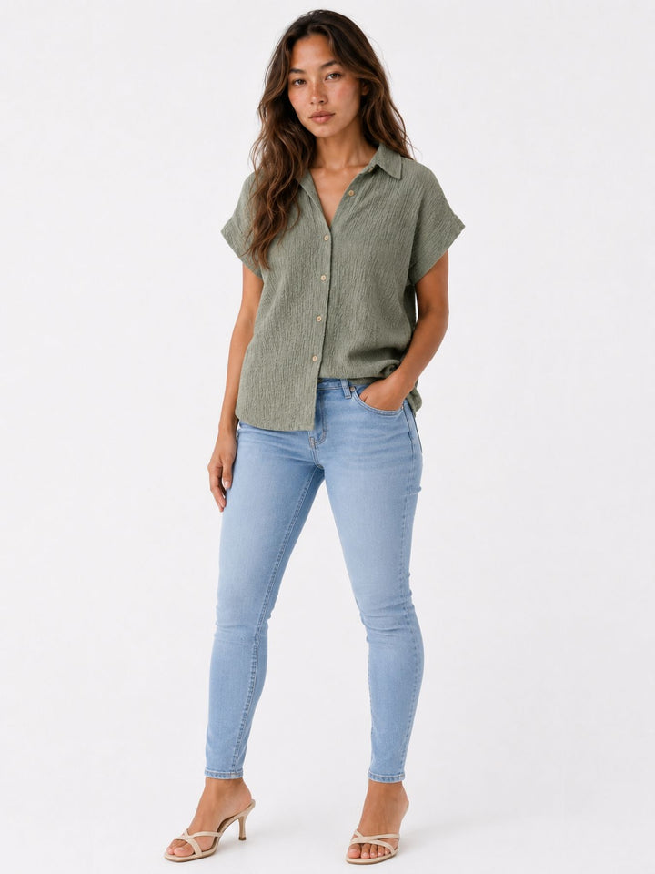 Bluse Damen Crinkle Knopfleiste