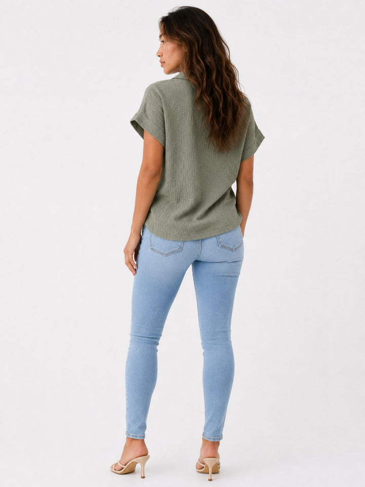 Bluse Damen Crinkle Knopfleiste
