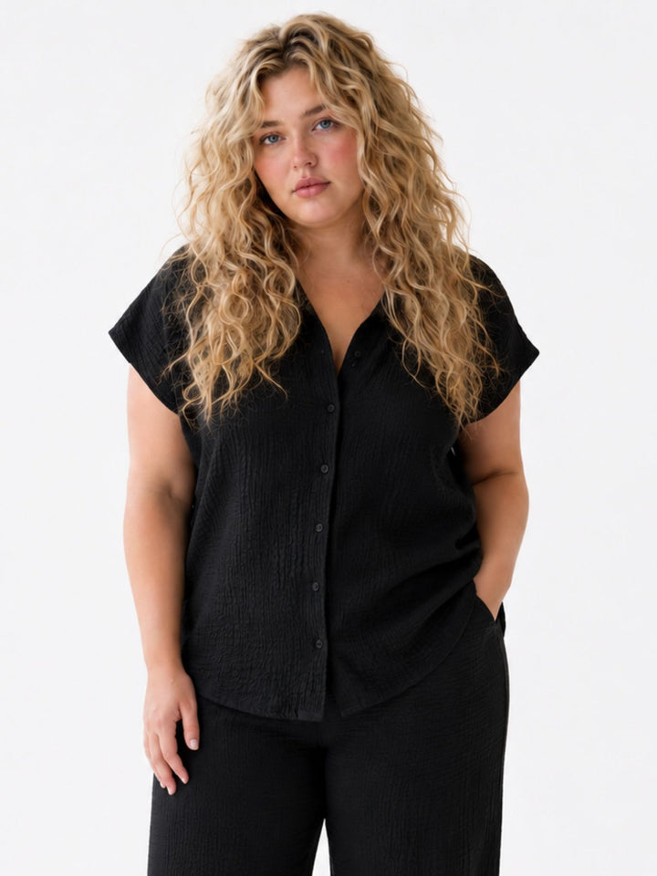 Bluse Damen Crinkle Knopfleiste