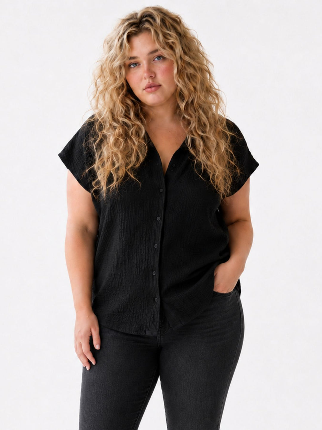 Bluse Damen Crinkle Knopfleiste