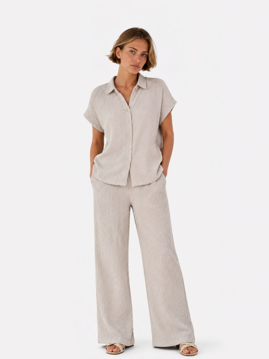 Bluse Damen Crinkle Knopfleiste