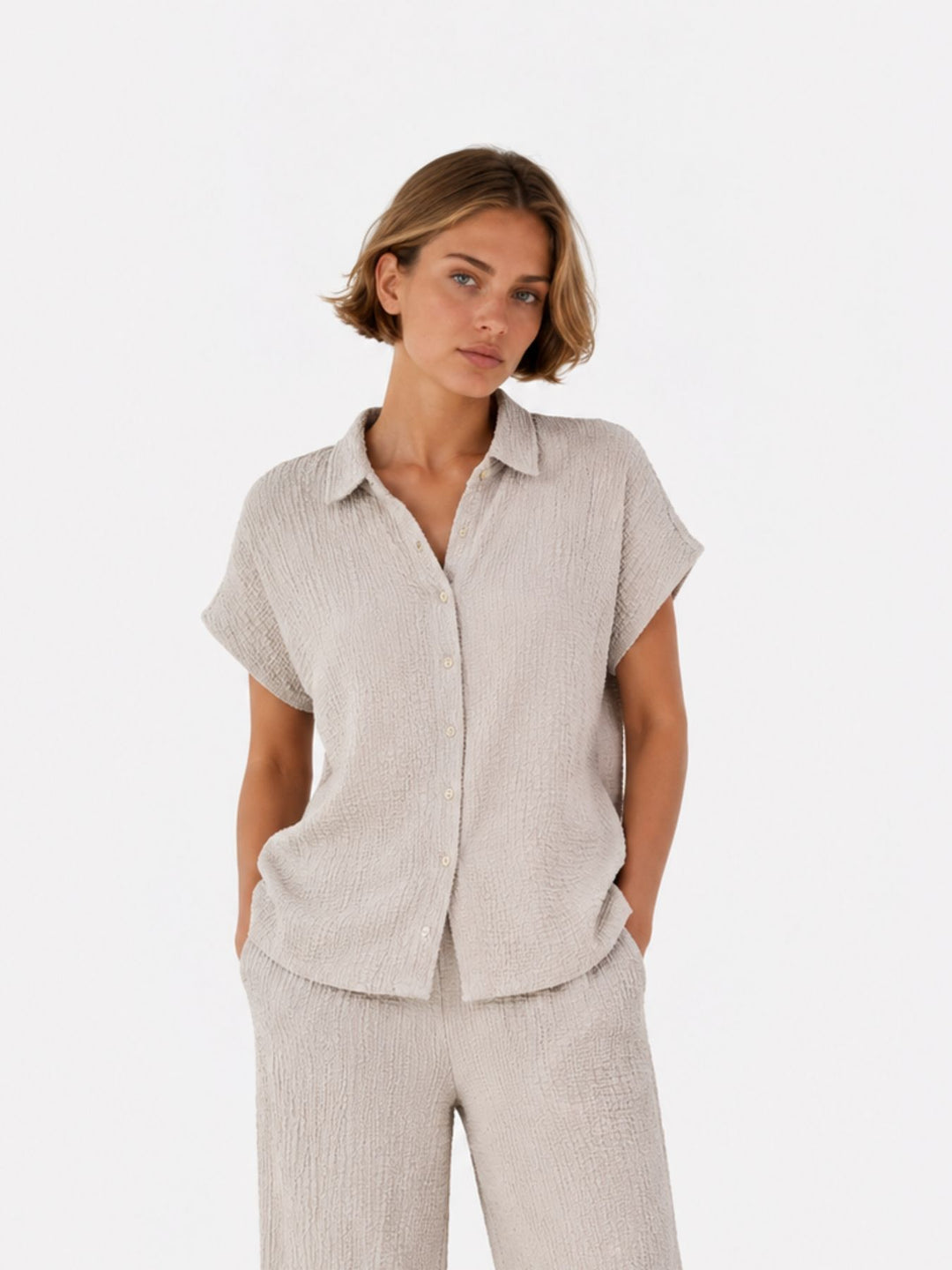 Bluse Damen Crinkle Knopfleiste