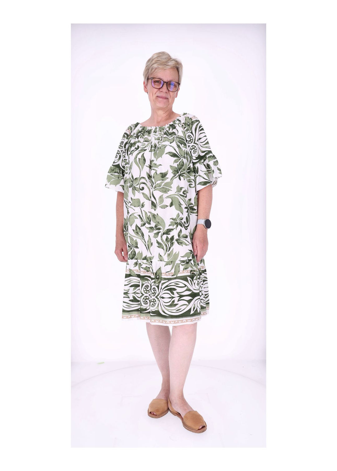 Stufen Kleid 1/2 Arm AOP Blätter