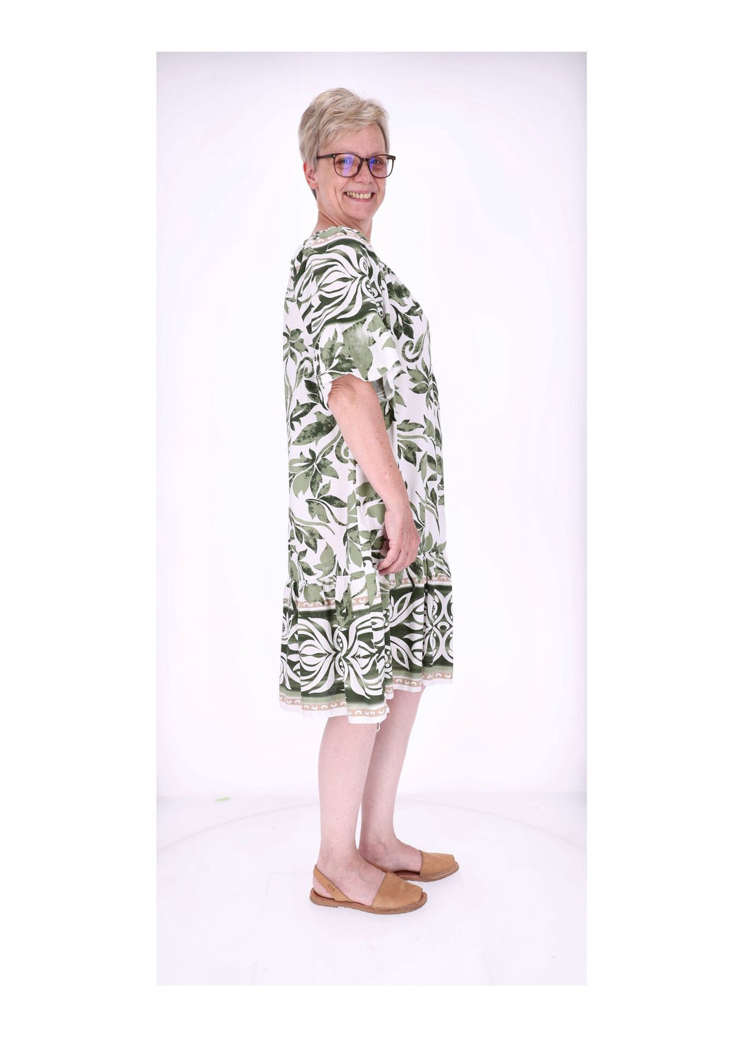 Stufen Kleid 1/2 Arm AOP Blätter