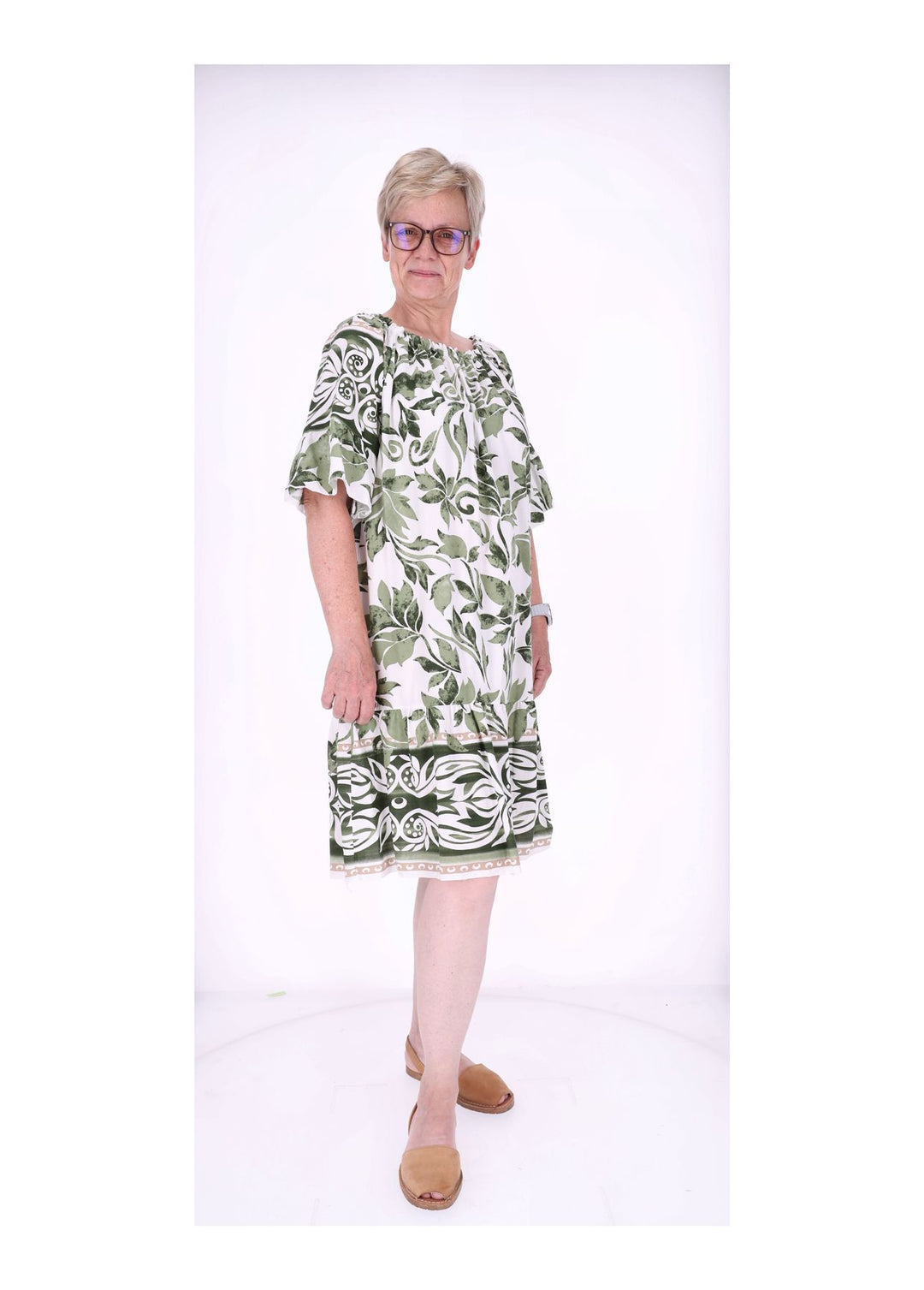 Stufen Kleid 1/2 Arm AOP Blätter