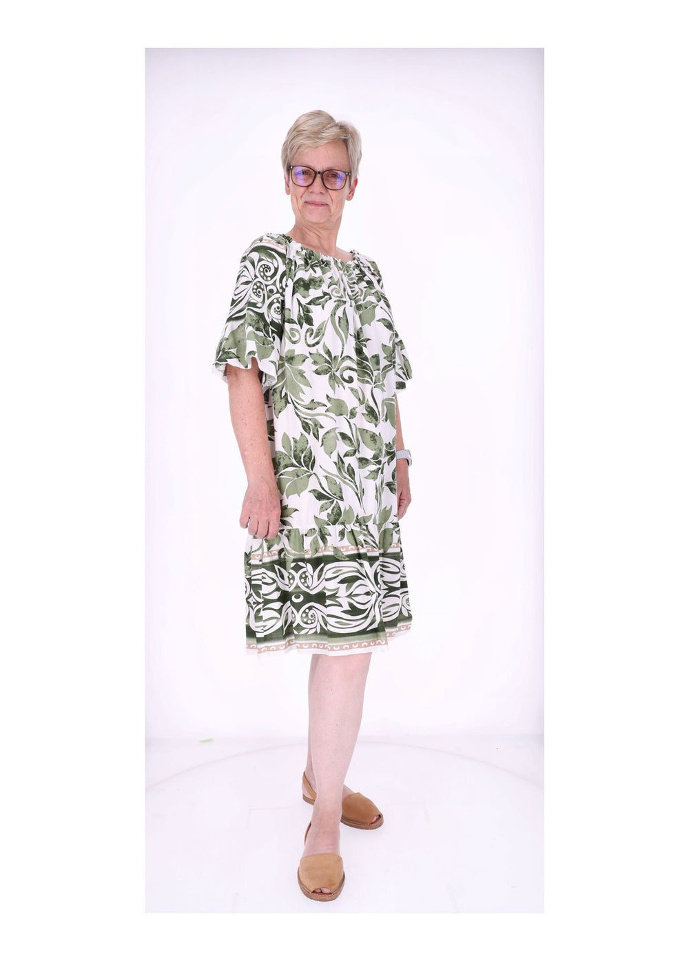 Stufen Kleid 1/2 Arm AOP Blätter