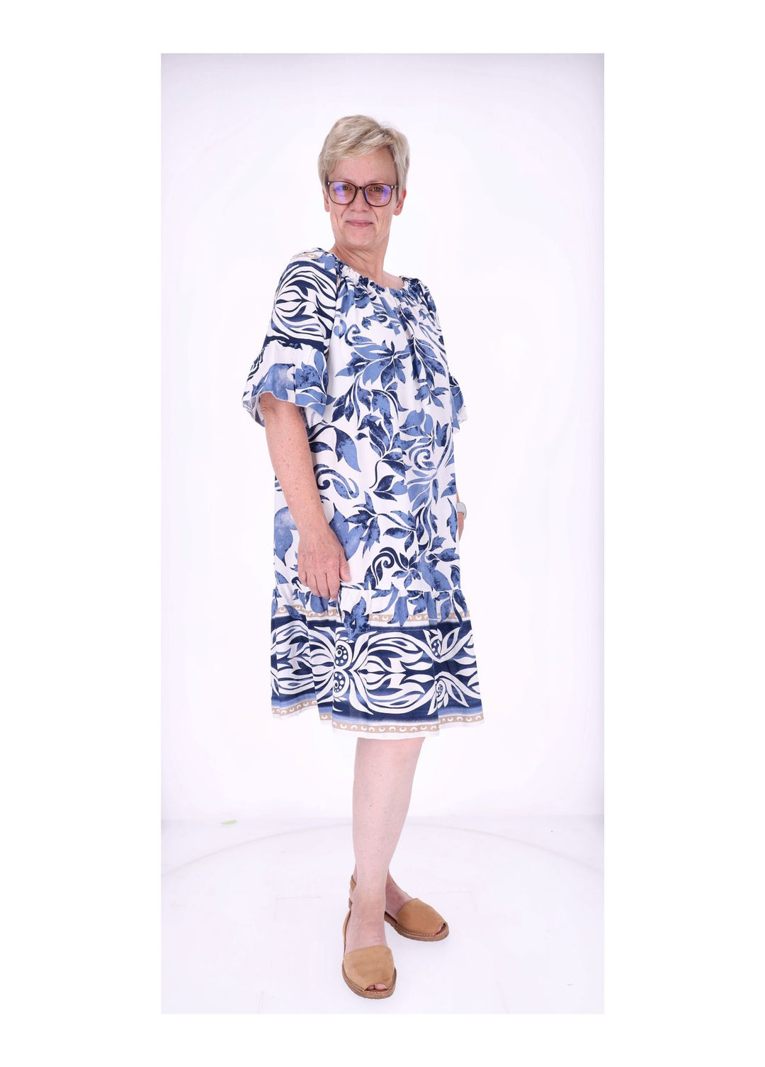Stufen Kleid 1/2 Arm AOP Blätter