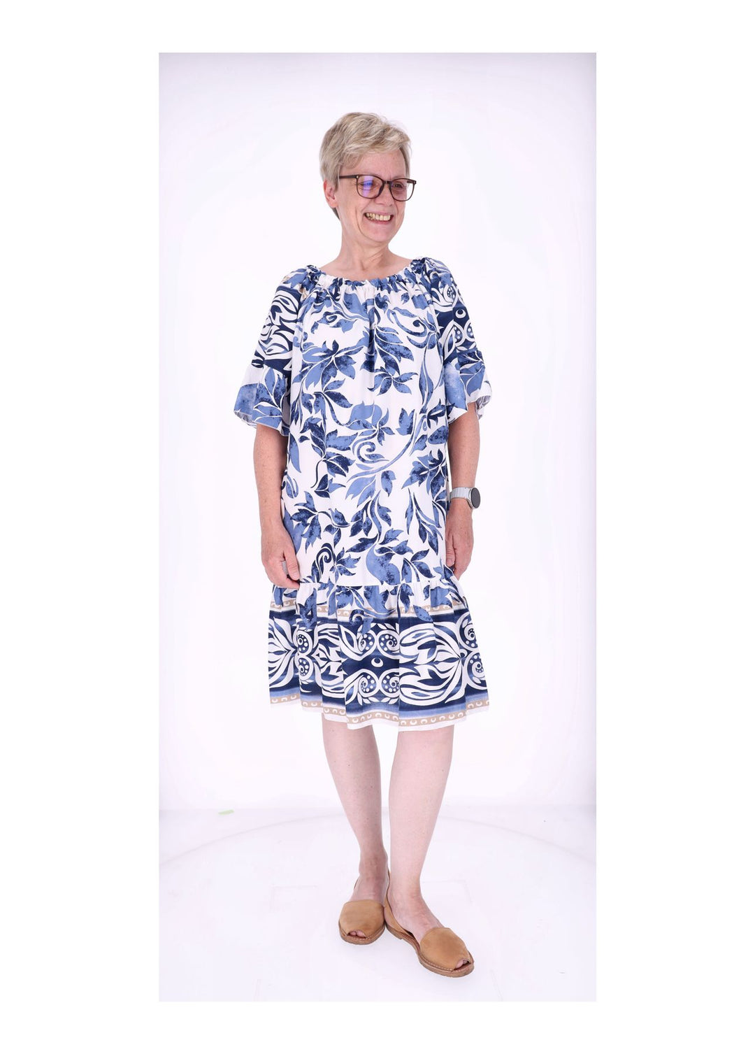 Stufen Kleid 1/2 Arm AOP Blätter