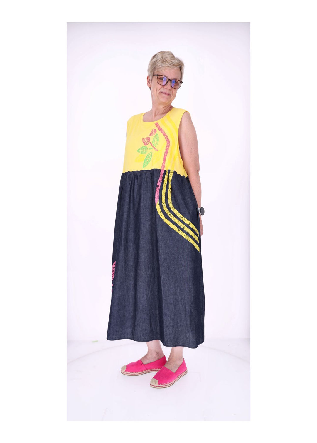 Kleid ohne Arm Materialmix dark Jeans Jersey Print