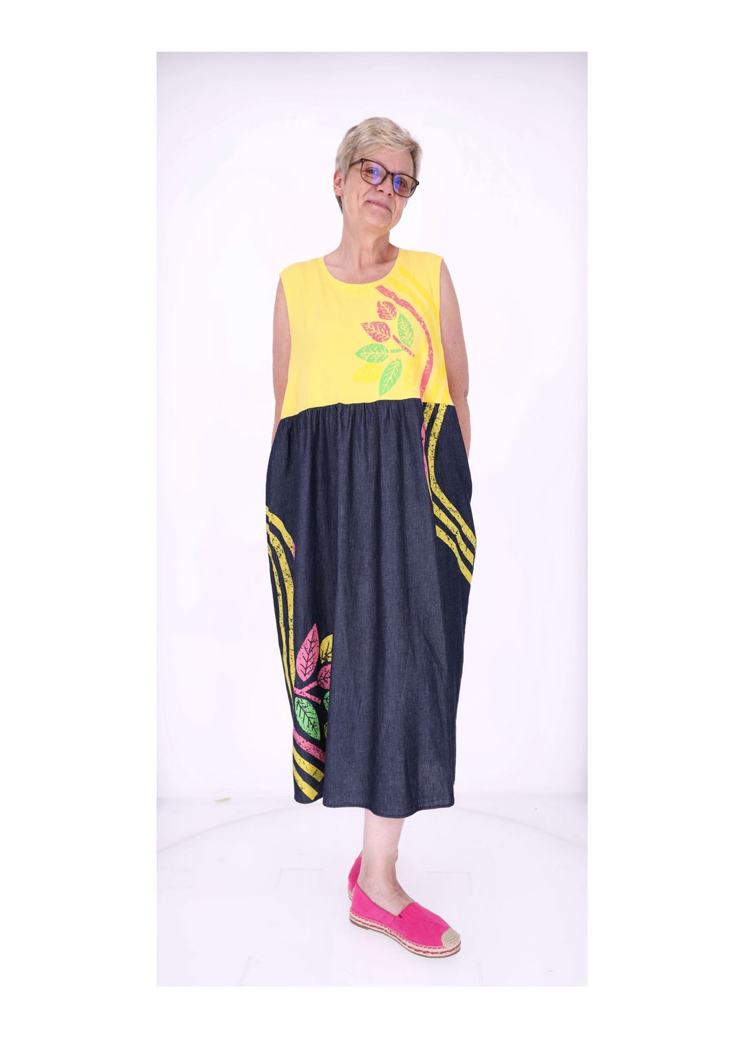 Kleid ohne Arm Materialmix dark Jeans Jersey Print