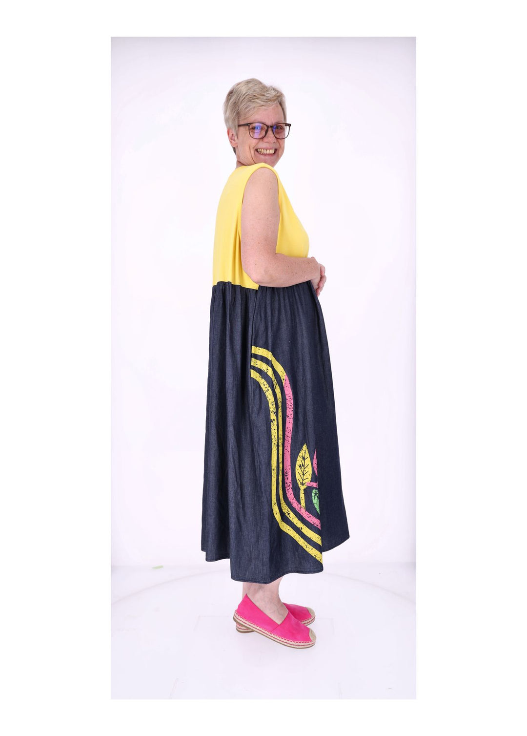 Kleid ohne Arm Materialmix dark Jeans Jersey Print