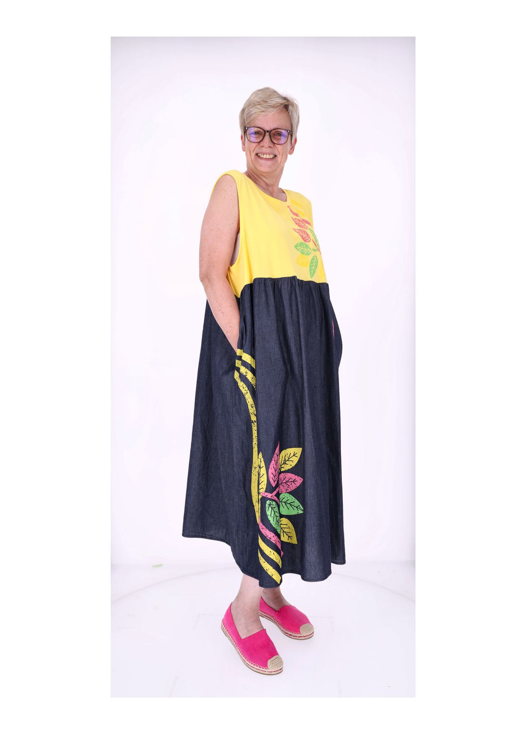 Kleid ohne Arm Materialmix dark Jeans Jersey Print